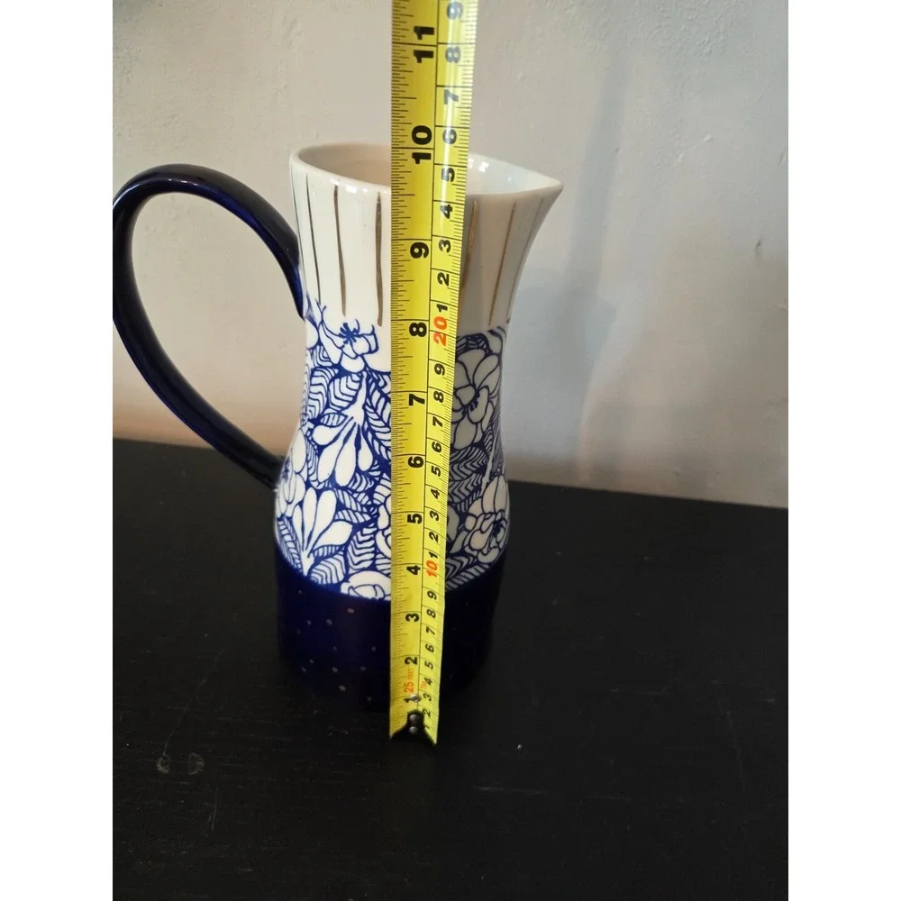 Anthropologie Garden Guest Pitcher Vase Blue Gold Floral Carla Dinnage 9.5''